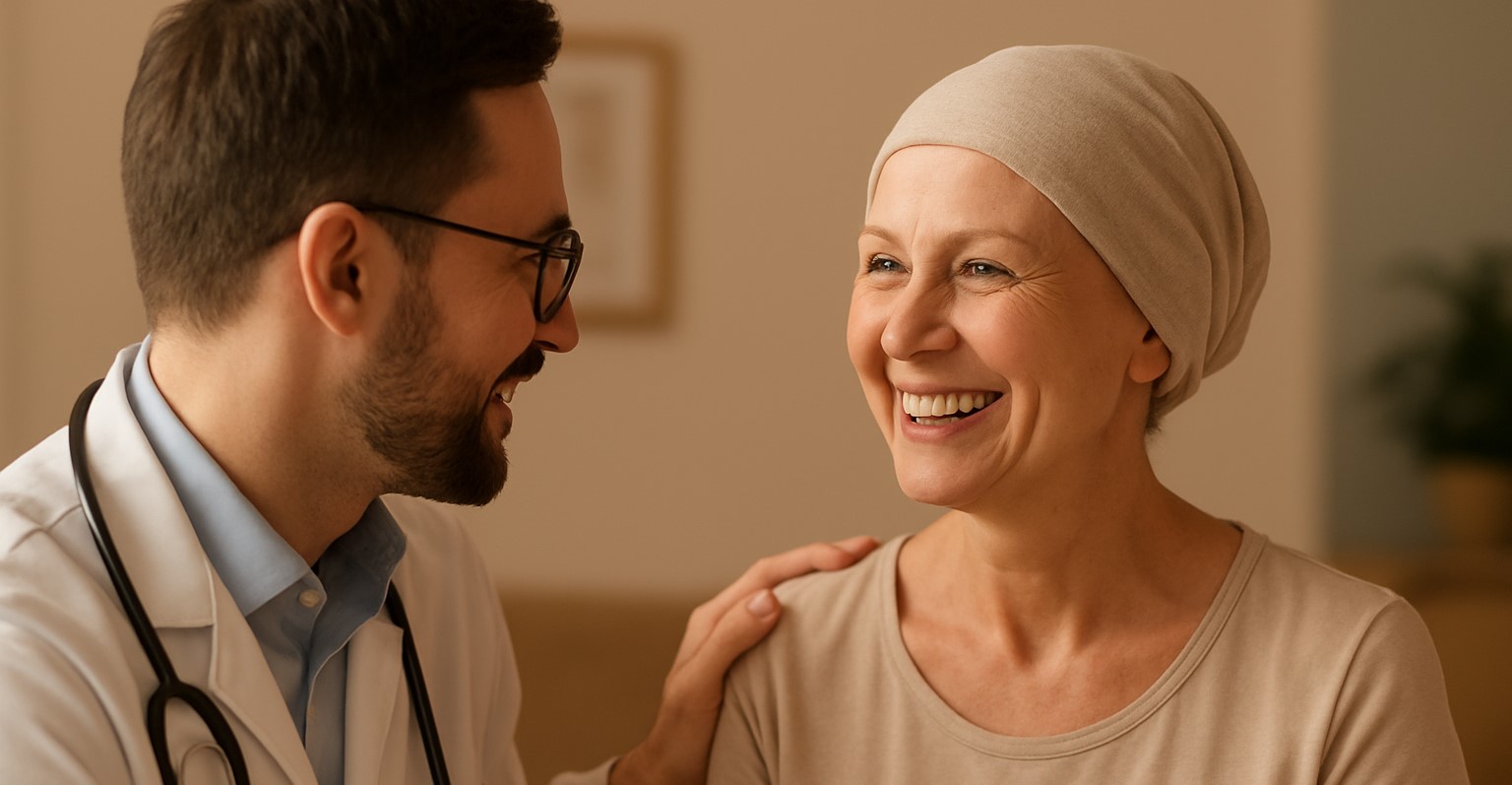 doctor with patient, survivor smiling