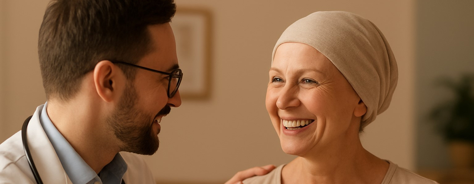 doctor with patient, survivor smiling